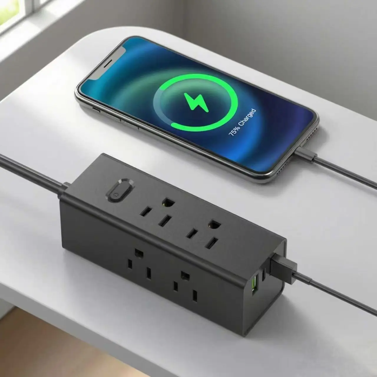 USB жалпақ штепсельдік ұзартқыш сымы бар АҚШ қуат жолағы